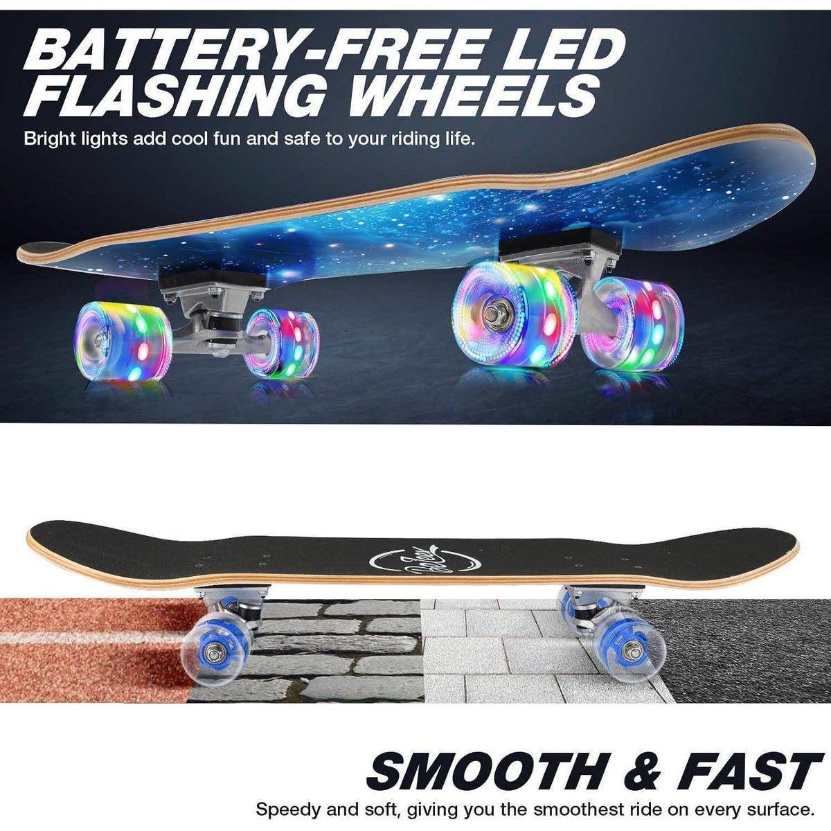 Komplettes Cruiser Skateboard 31x8 Zoll mit LED-Rädern