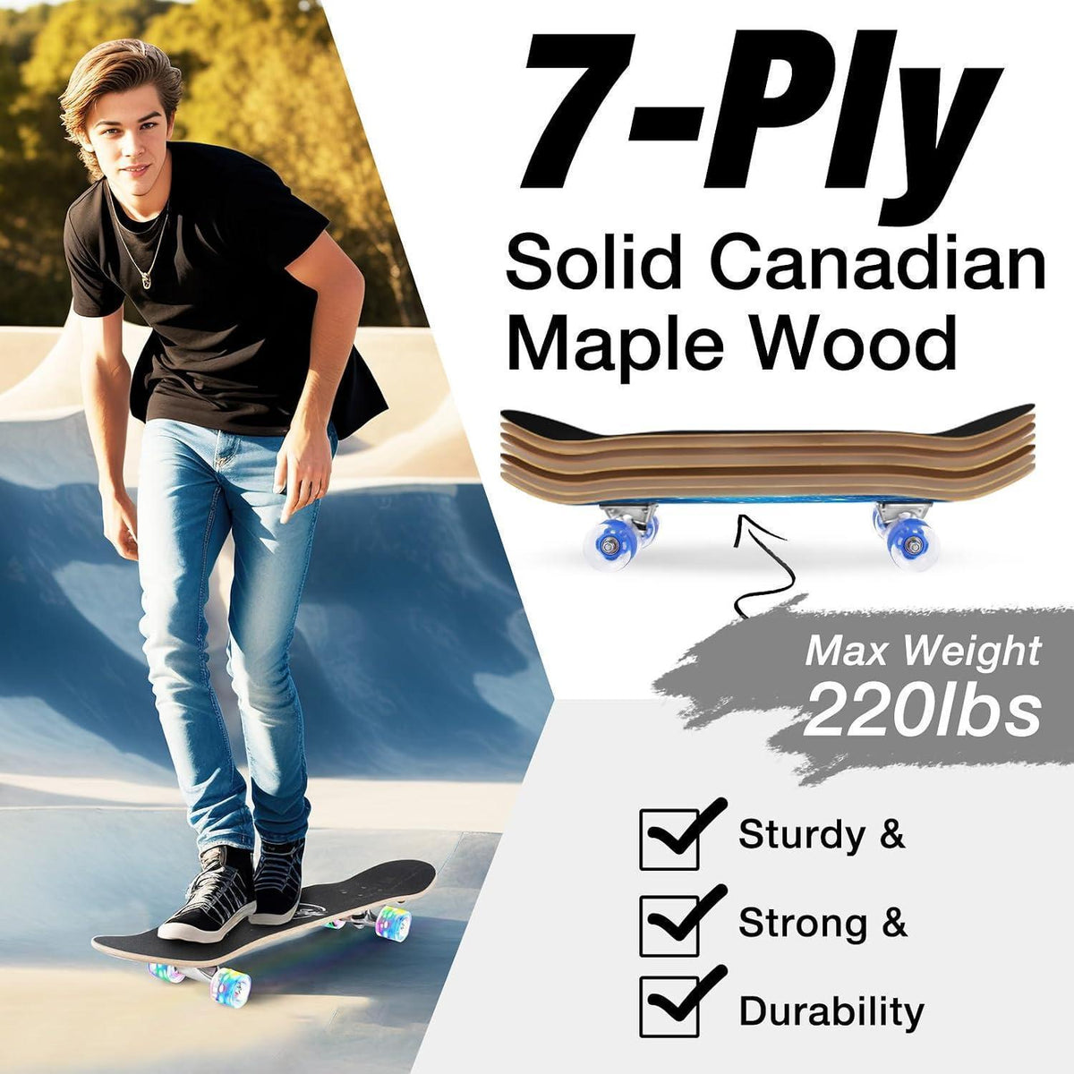 Komplettes Cruiser Skateboard 31x8 Zoll mit LED-Rädern