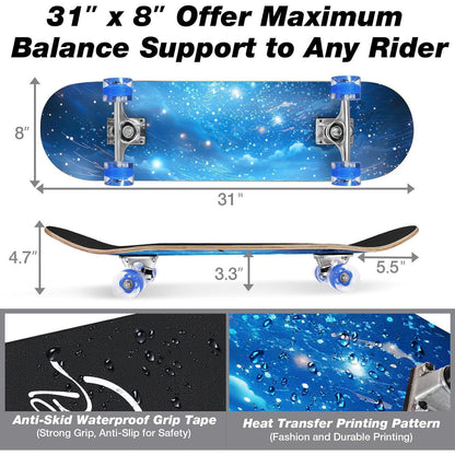 Komplettes Cruiser Skateboard 31x8 Zoll mit LED-Rädern