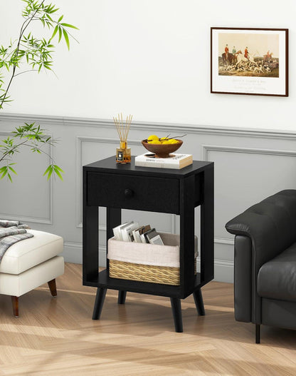 YMYNY Nachttisch 2er Set Schwarz Stoff-Schubladen Massivholz Modern