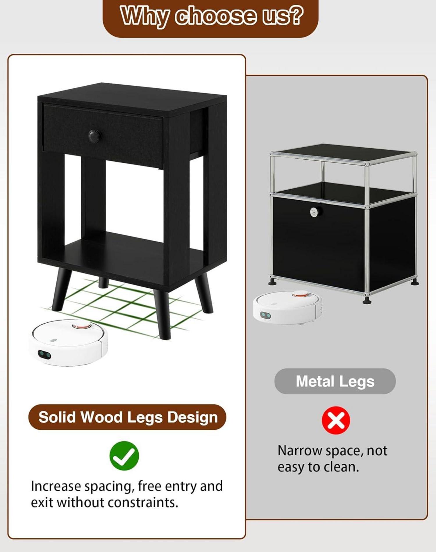 Nachttisch Stoff-Schublade Massivholz Modern Schwarz