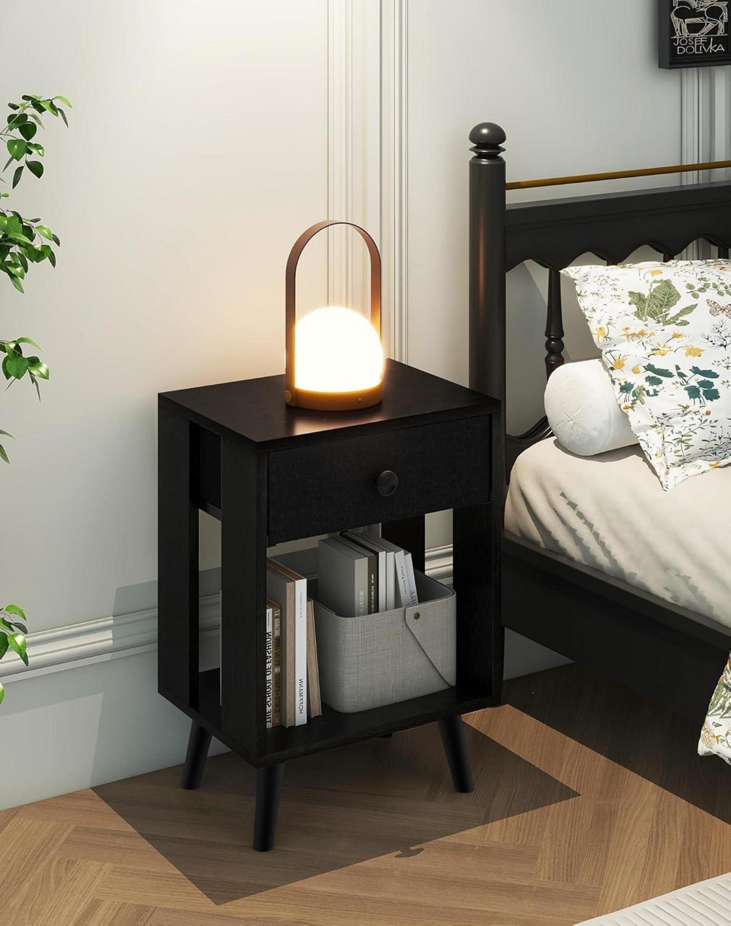 Nachttisch Stoff-Schublade Massivholz Modern Schwarz