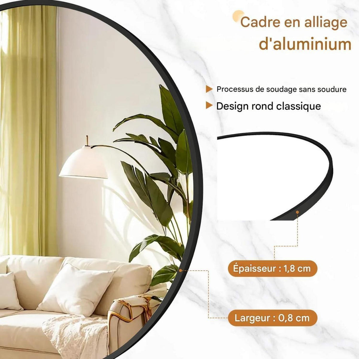 Runder Wandspiegel 106cm, Schwarz – Modern & Elegant