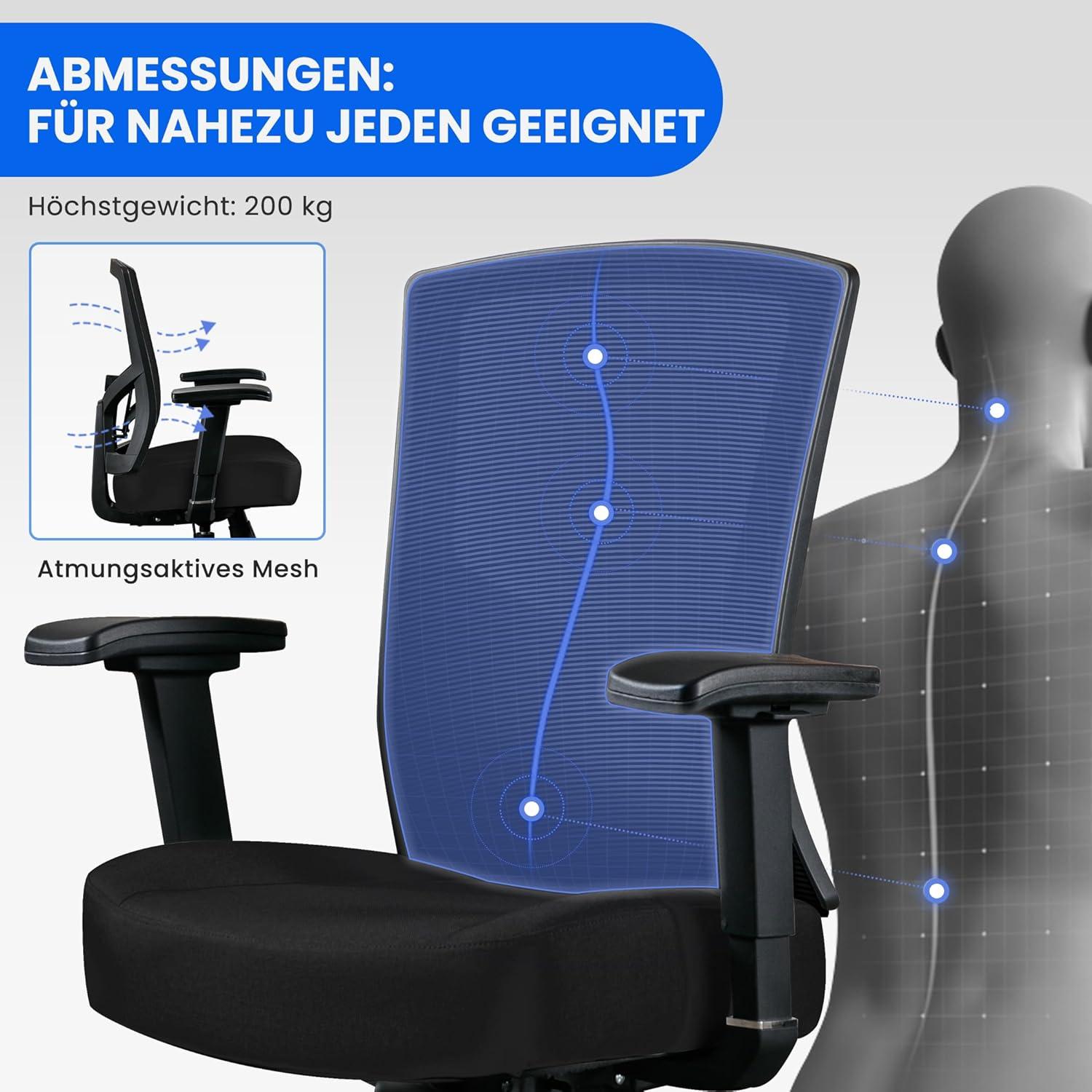Ergonomischer Bürostuhl Big and Tall 200KG, High Back, Heavy Duty Mesh Schwarz