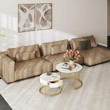 Runder Couchtisch Set mit Stauraum Weiß Gold Marmor