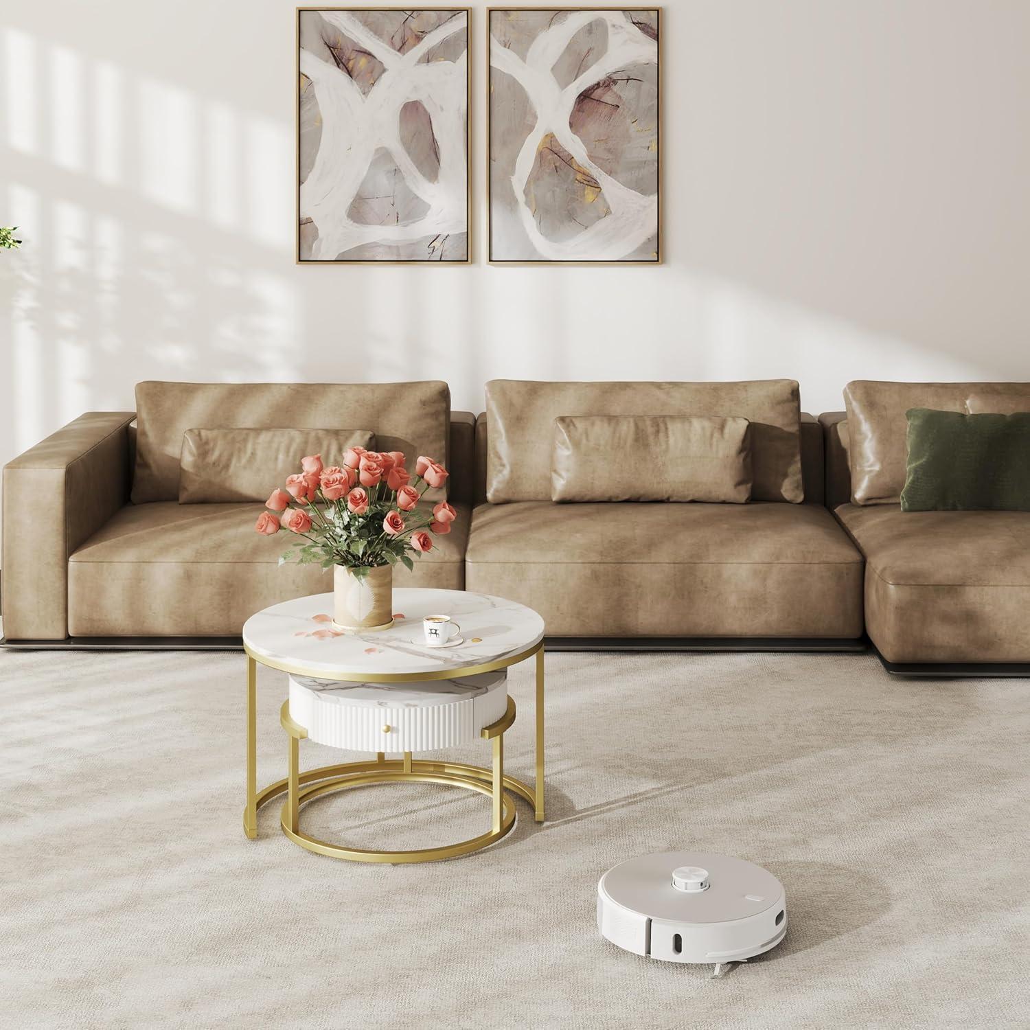 Runde Couchtische Weiß Gold Marmor 2er Set Stauraum WoZi Modern