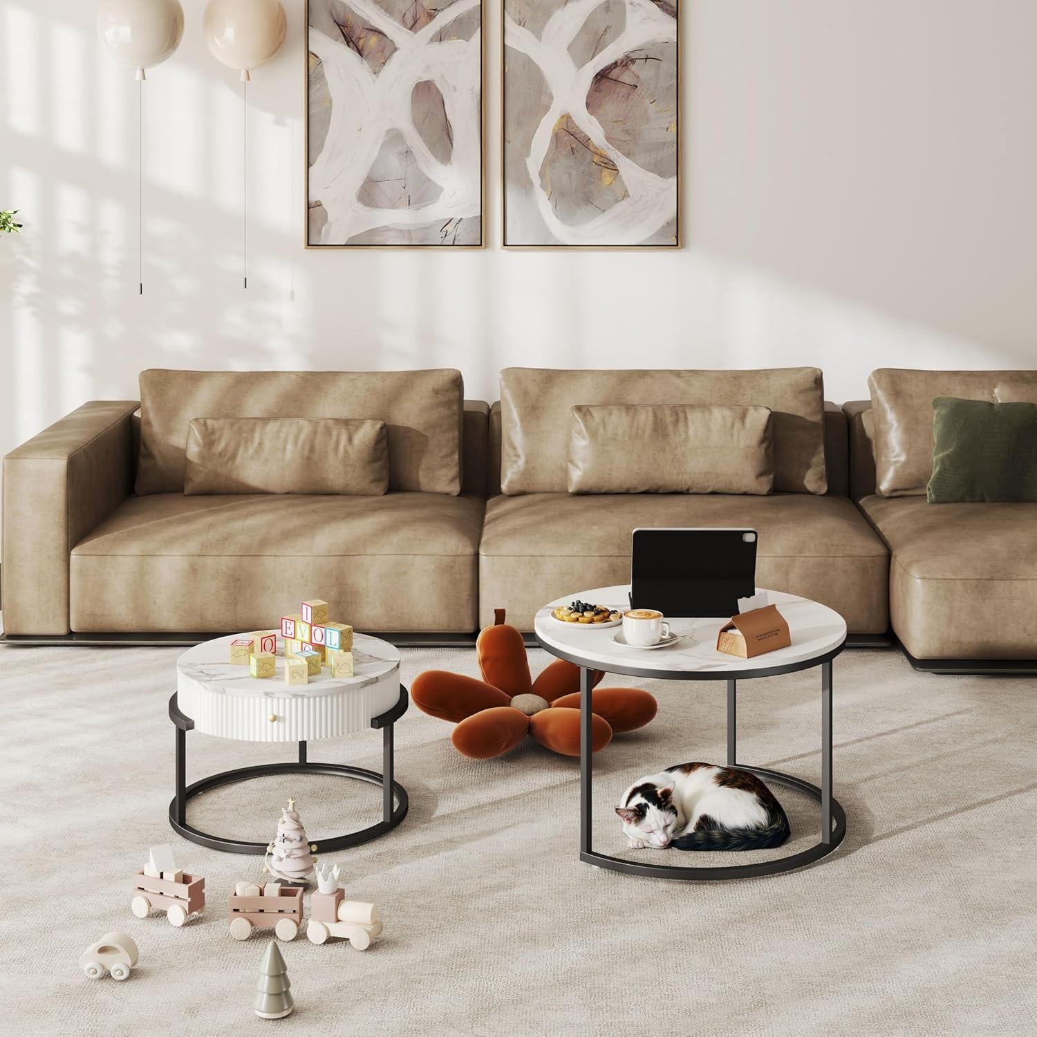 Moderne Couchtische Weiß Marmor Optik Rund mit Schublade Φ 70 cm & Φ 50 cm