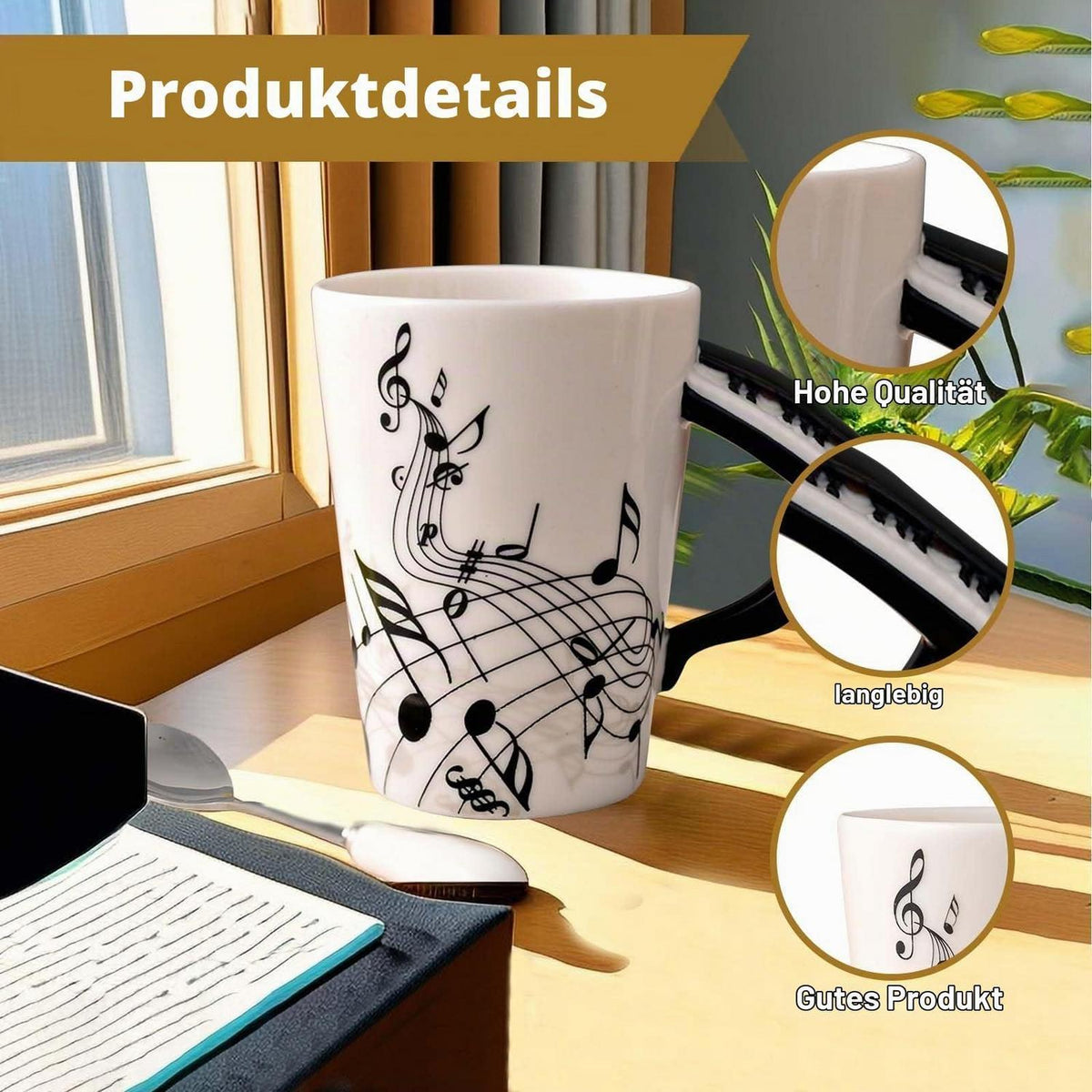 Musik Kaffeebecher mit Löffel – 250ml Porzellan Tasse