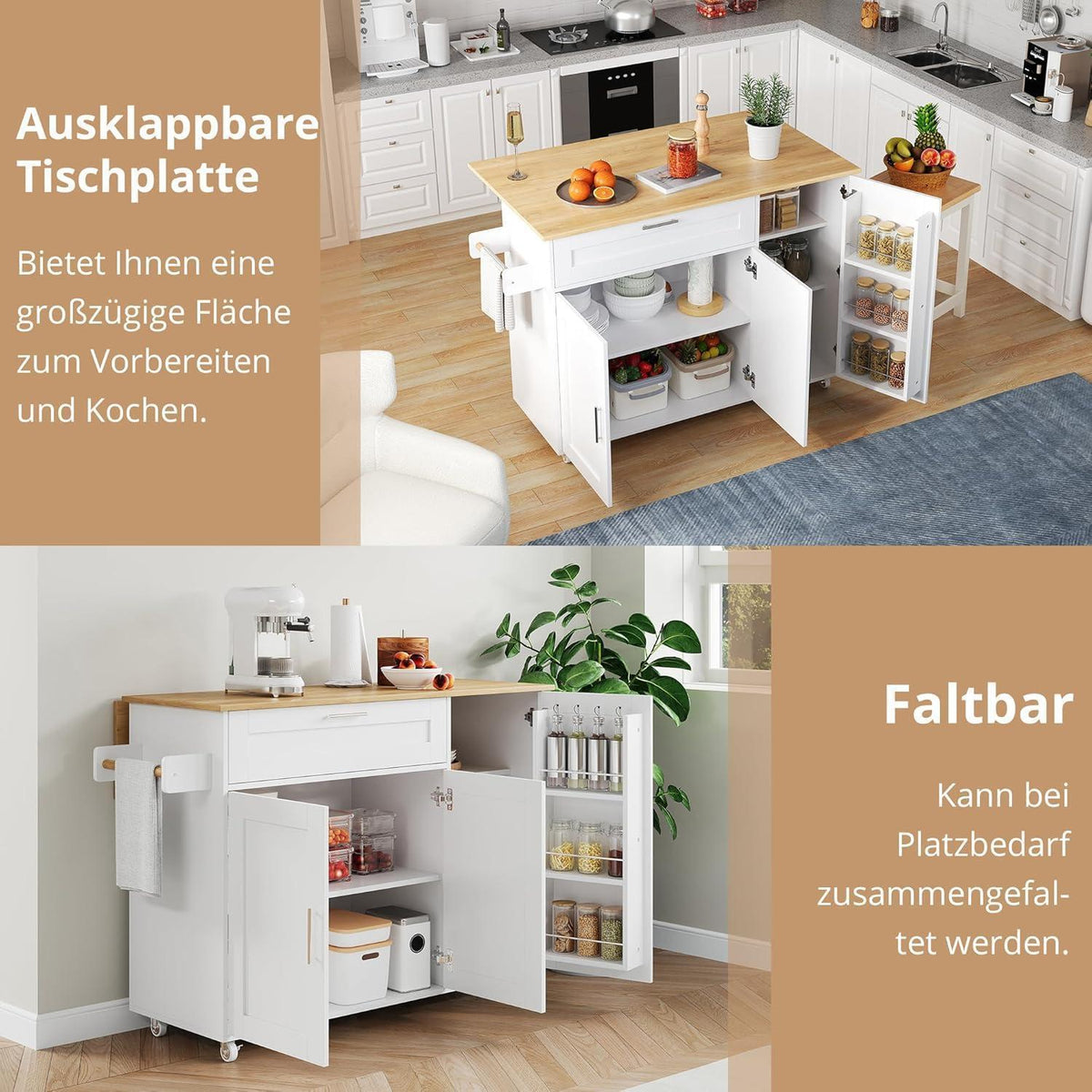 Kücheninselwagen mit abklappbarer Arbeitsplatte & Stauraum