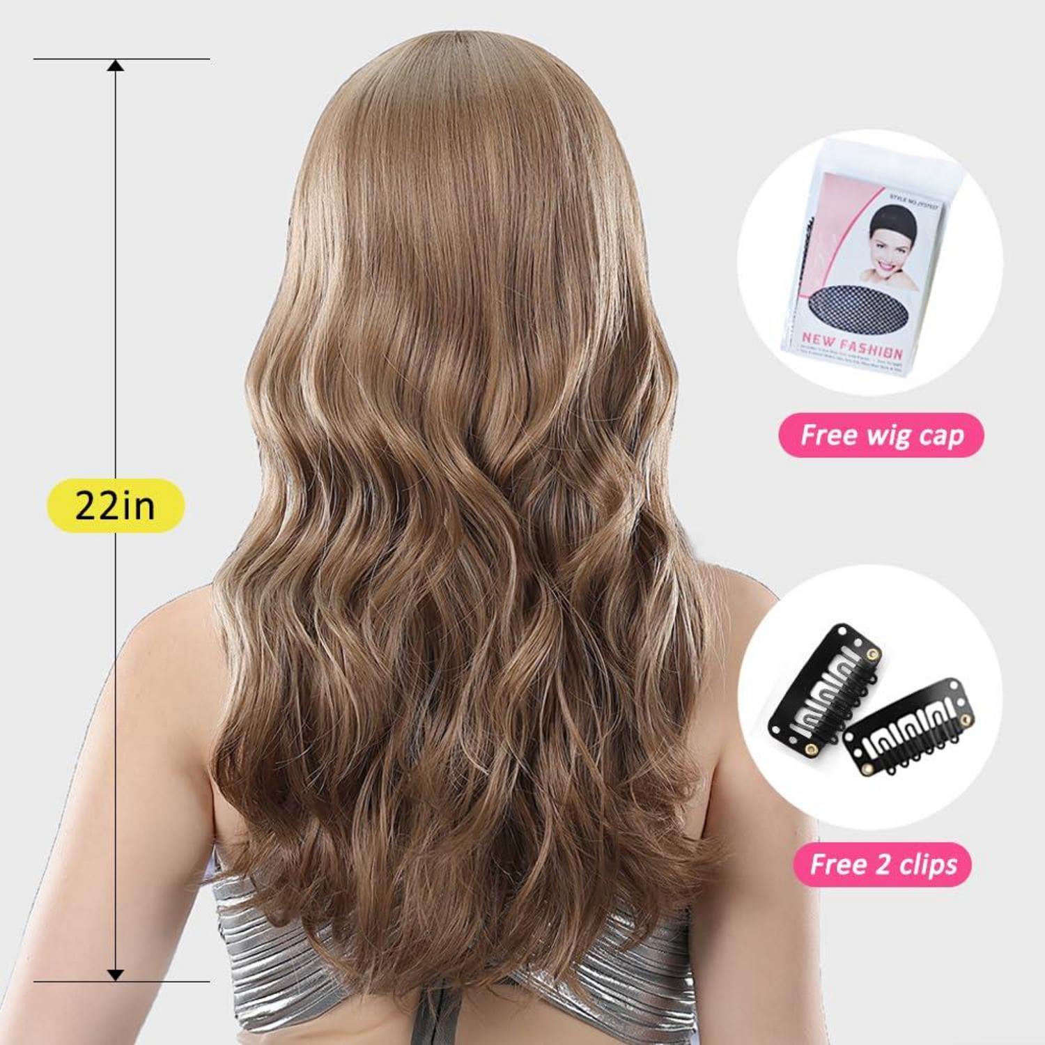 Braune Lange Gewellte Synthetik Perücke mit Pony Haar für Frauen