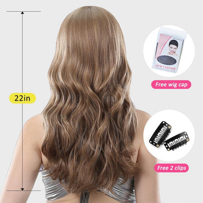 Braune Lange Gewellte Synthetik Perücke mit Pony Haar für Frauen