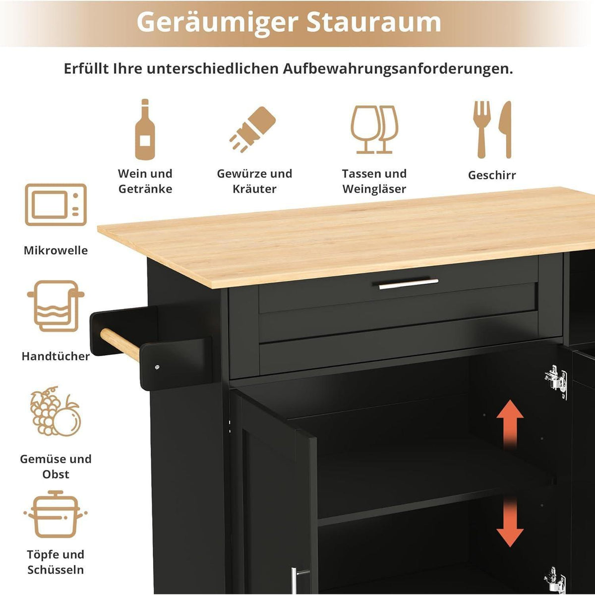 Bewegliche Kücheninsel mit abklappbarer Arbeitsplatte Schwarz