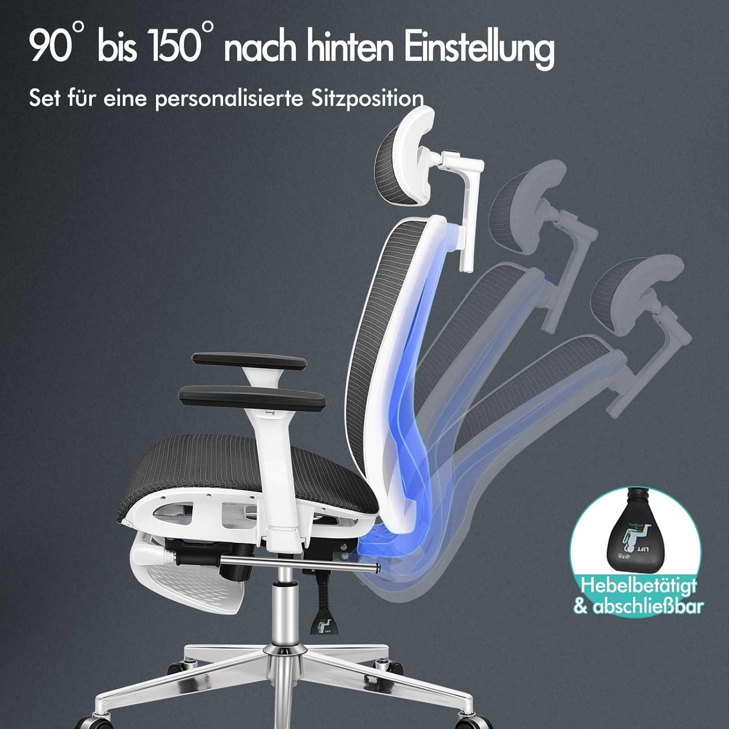 Bürostuhl Ergonomisch Netzstuhl 3D Armlehne Kopfstütze 180 kg Schwarz