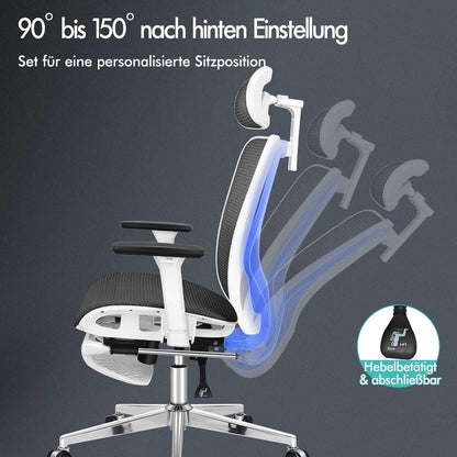 Bürostuhl Ergonomisch Netzstuhl 3D Armlehne Kopfstütze 180 kg Schwarz