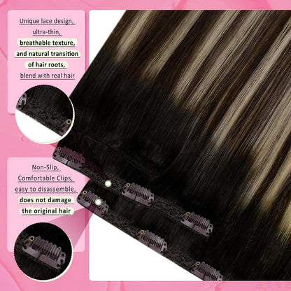 Clip-in Echthaar Extensions Schwarz Balayage Braun Blond 55cm