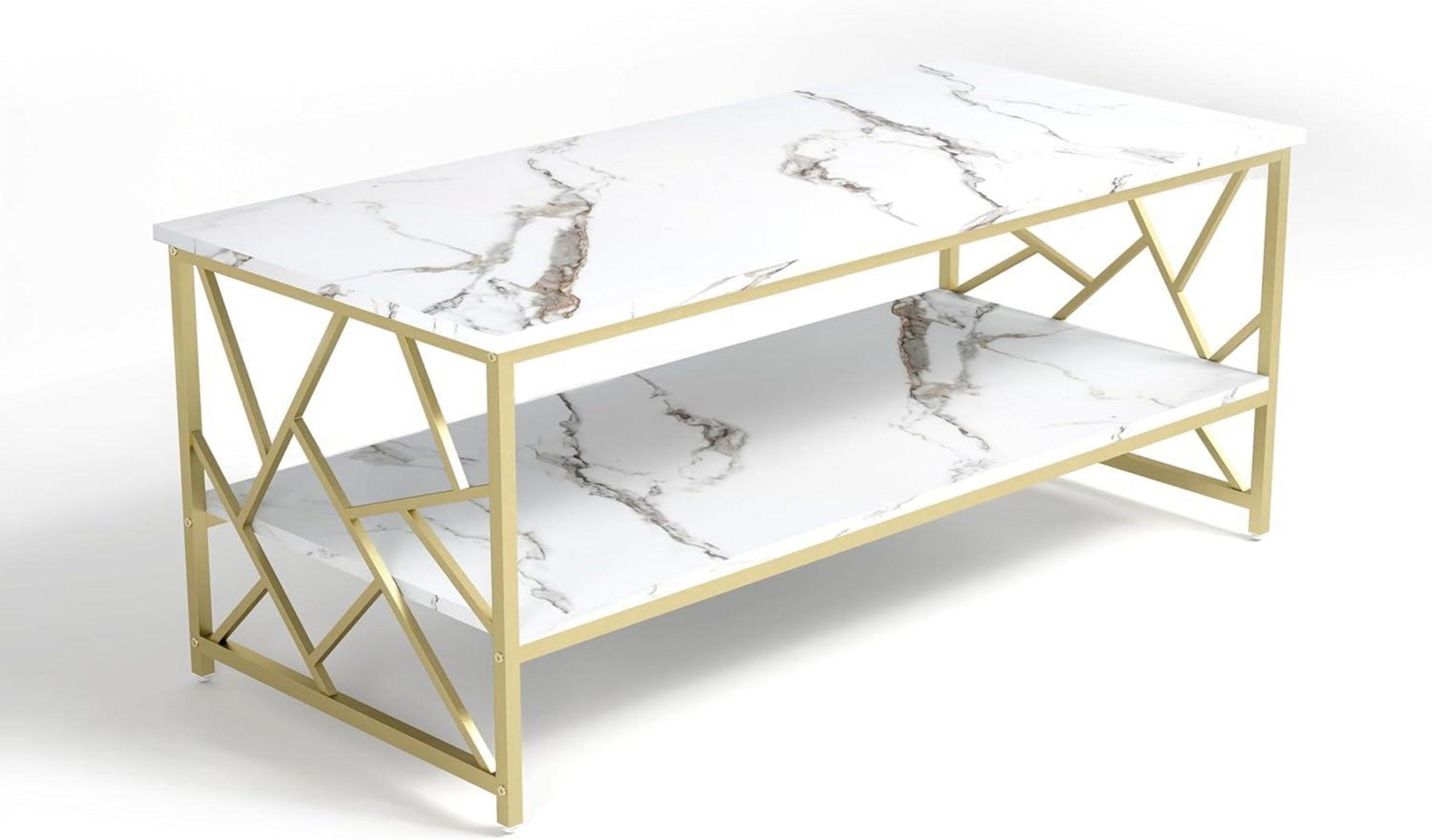 Modern weißer Marmor Couchtisch mit Stauraum und Goldakzent