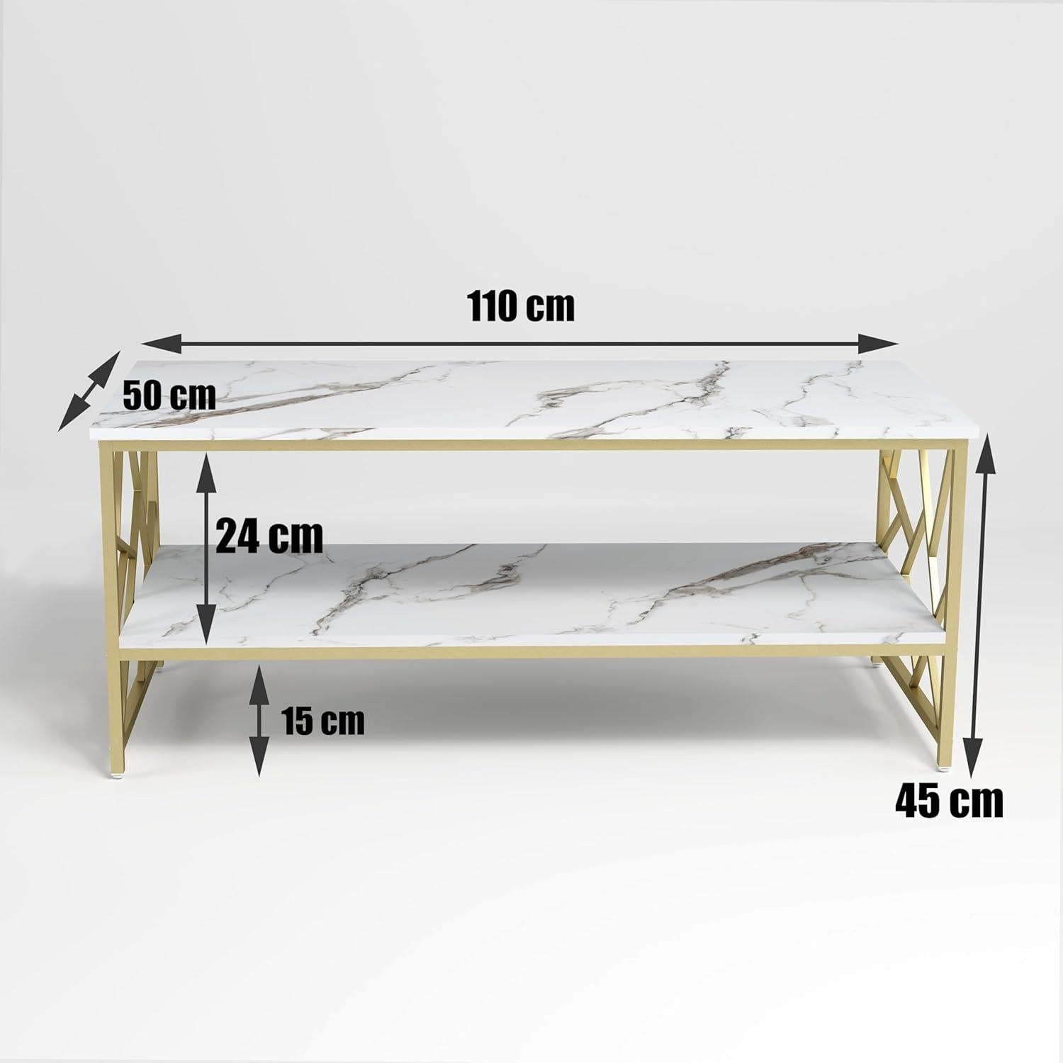 Modern weißer Marmor Couchtisch mit Stauraum und Goldakzent