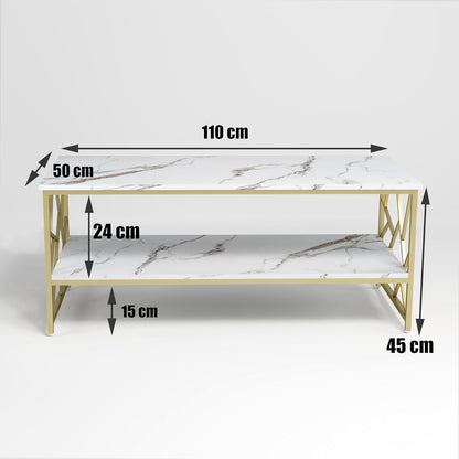 Modern weißer Marmor Couchtisch mit Stauraum und Goldakzent