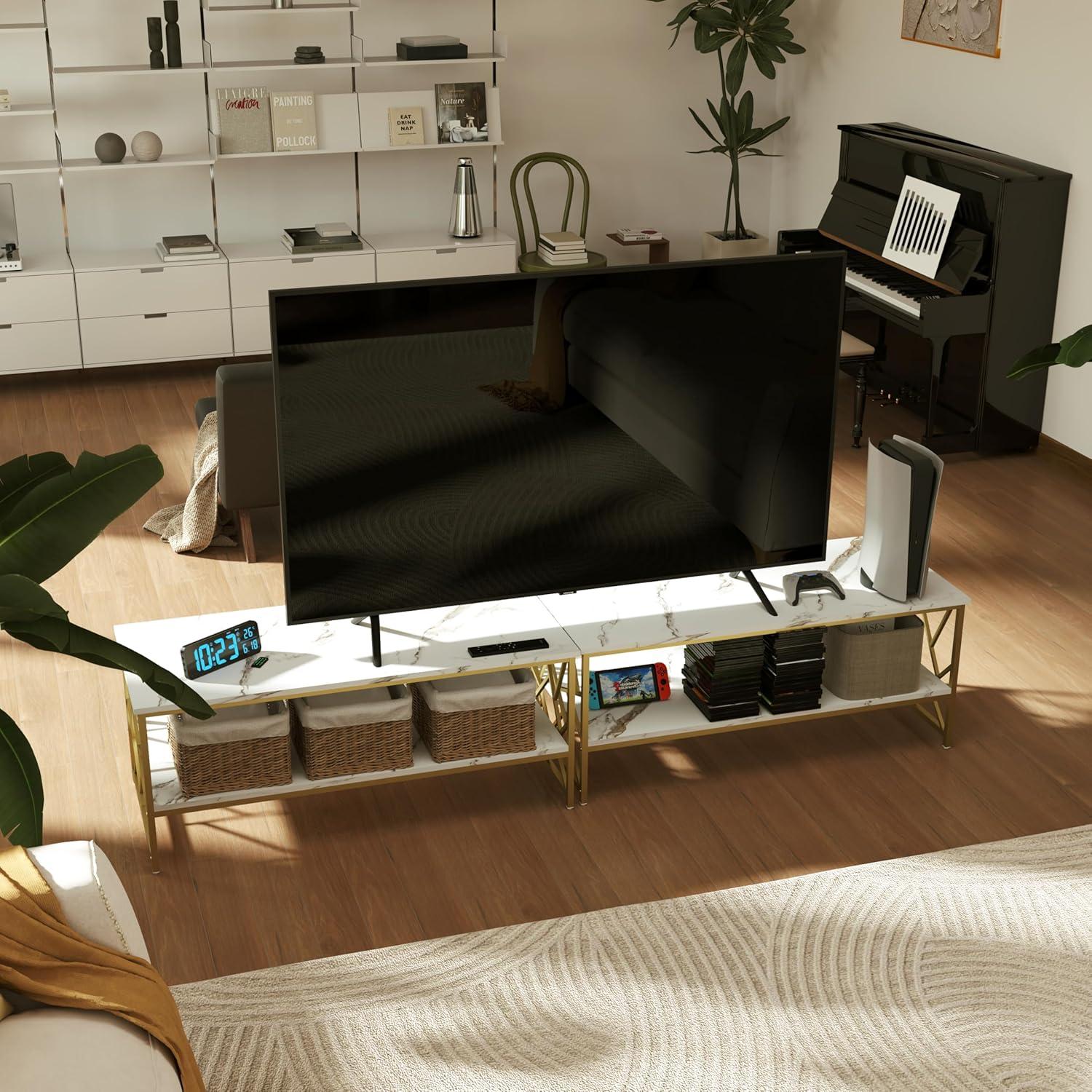 Modern Wohnzimmertisch Weiß Marmor Couchtisch mit Stauraum Gold Tisch