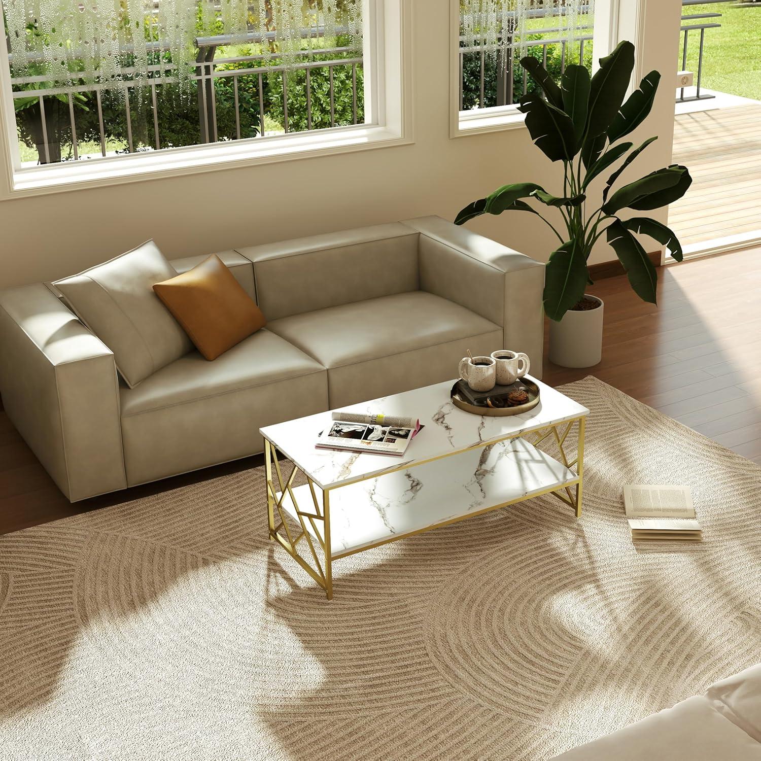 Moderne Wohnzimmertisch Weiß Marmor Couchtisch mit Stauraum Gold Tisch