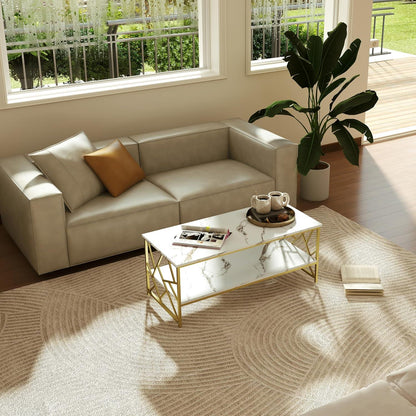Moderne Wohnzimmertisch Weiß Marmor Couchtisch mit Stauraum Gold Tisch