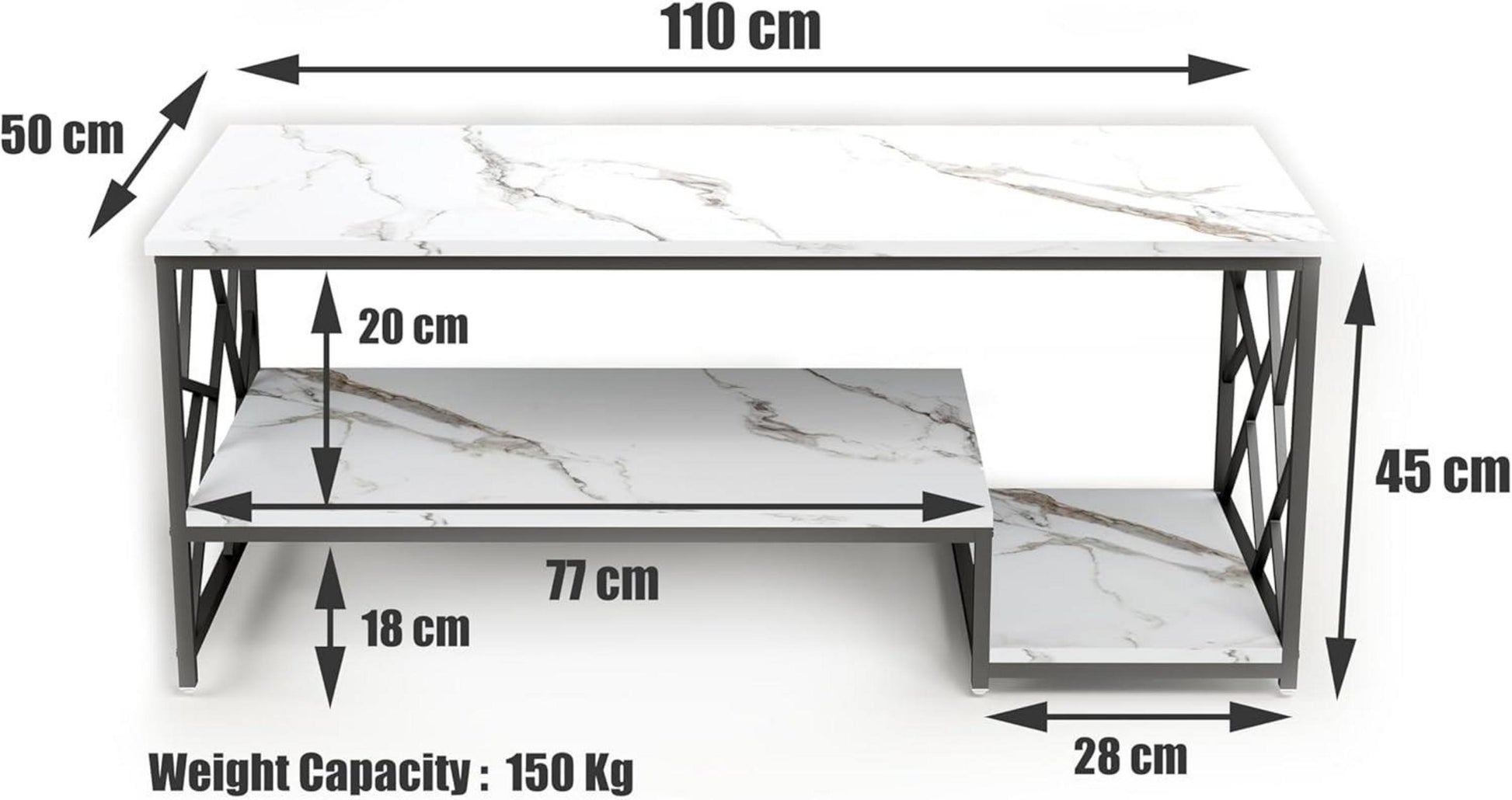 Couchtisch Weiß Modern Marmor Groß Stauraum TischMetall Rahmen