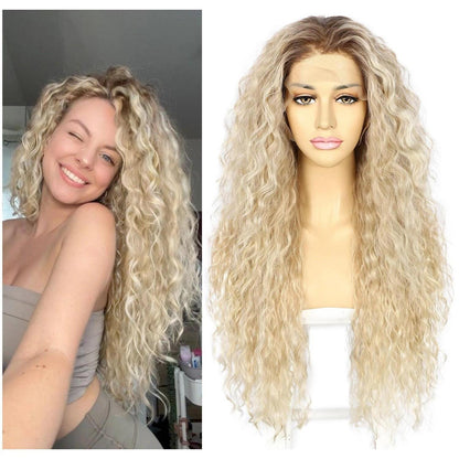 Lockige Blond Lace Front Perücke – Synthetisch & Hitzebeständig 26 Zoll