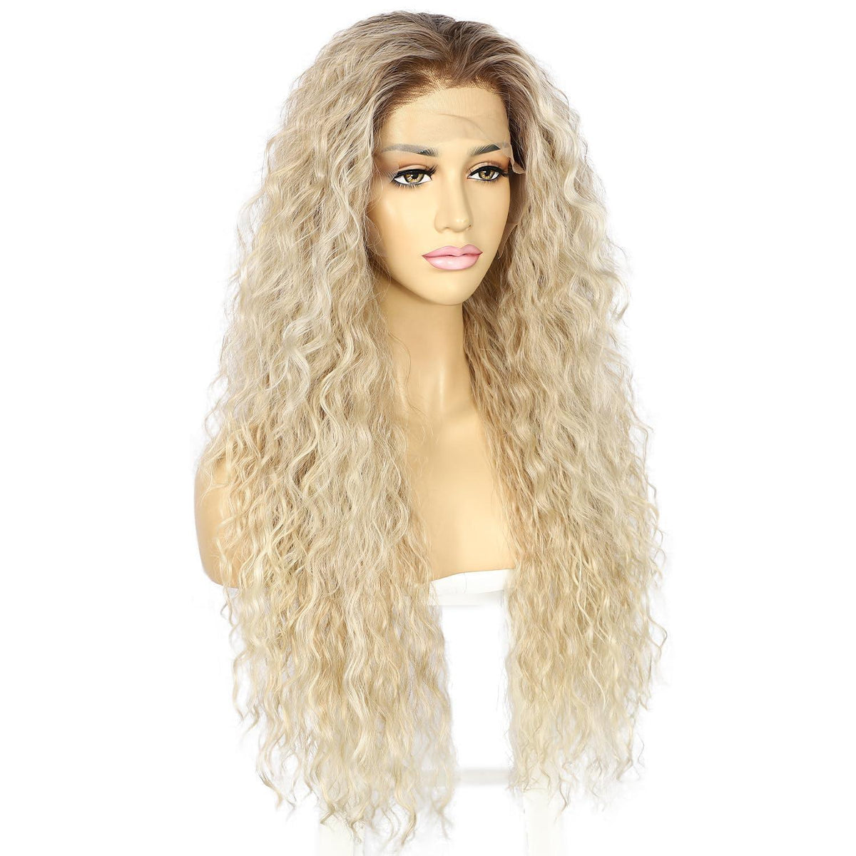 Lockige Blond Lace Front Perücke – Synthetisch & Hitzebeständig 26 Zoll