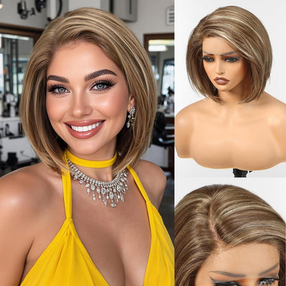 Braune Bob-Perücke mit Lace Front – 25 cm, T-Teil
