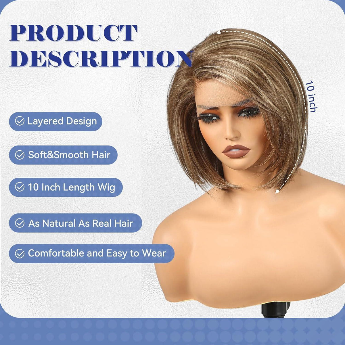 Braune Bob-Perücke mit Lace Front – 25 cm, T-Teil
