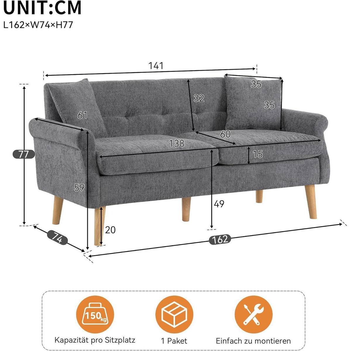 Schlafsofa Grau, 2-Sitzer Couch mit Kissen & Massivholzfüßen