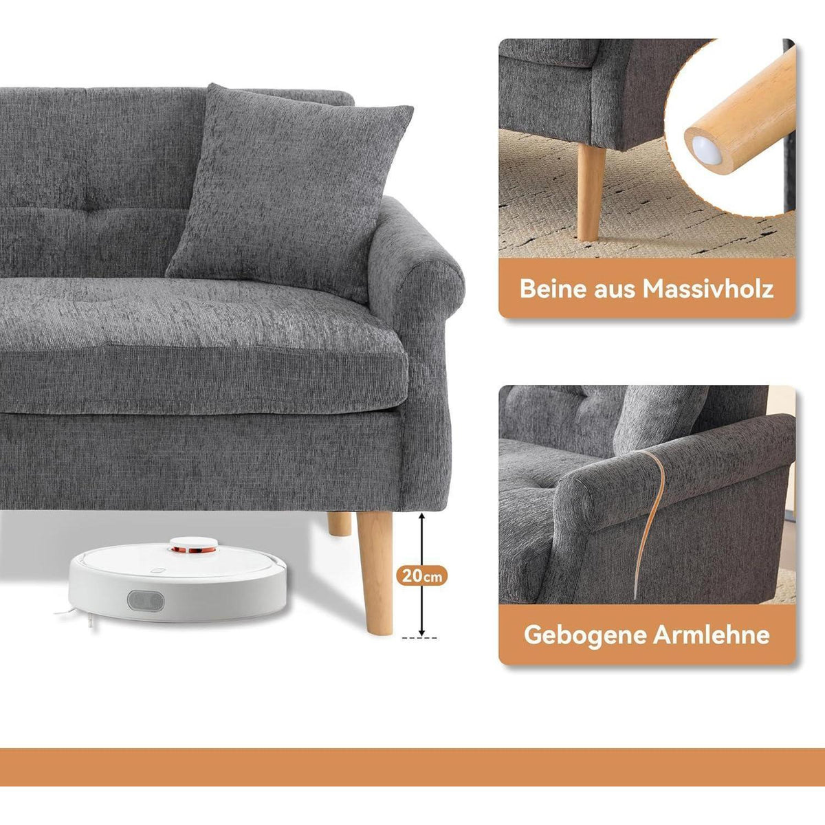 Schlafsofa Grau, 2-Sitzer Couch mit Kissen & Massivholzfüßen