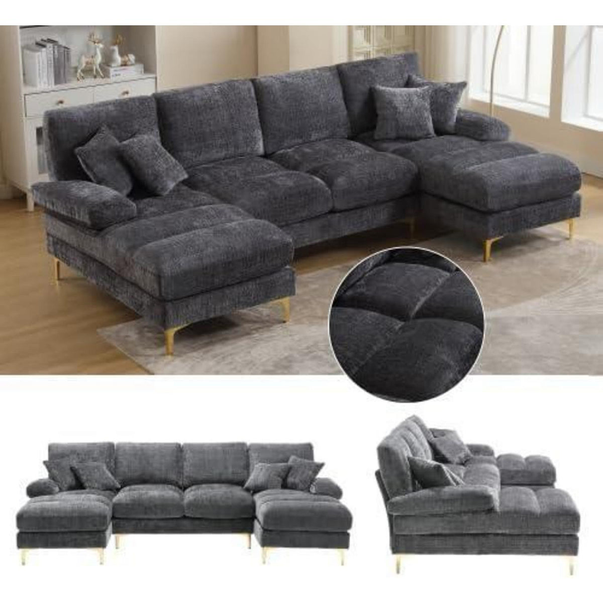 Modernes Ecksofa U-Form mit Liegepositionen & Chenille-Stoff (Grau)