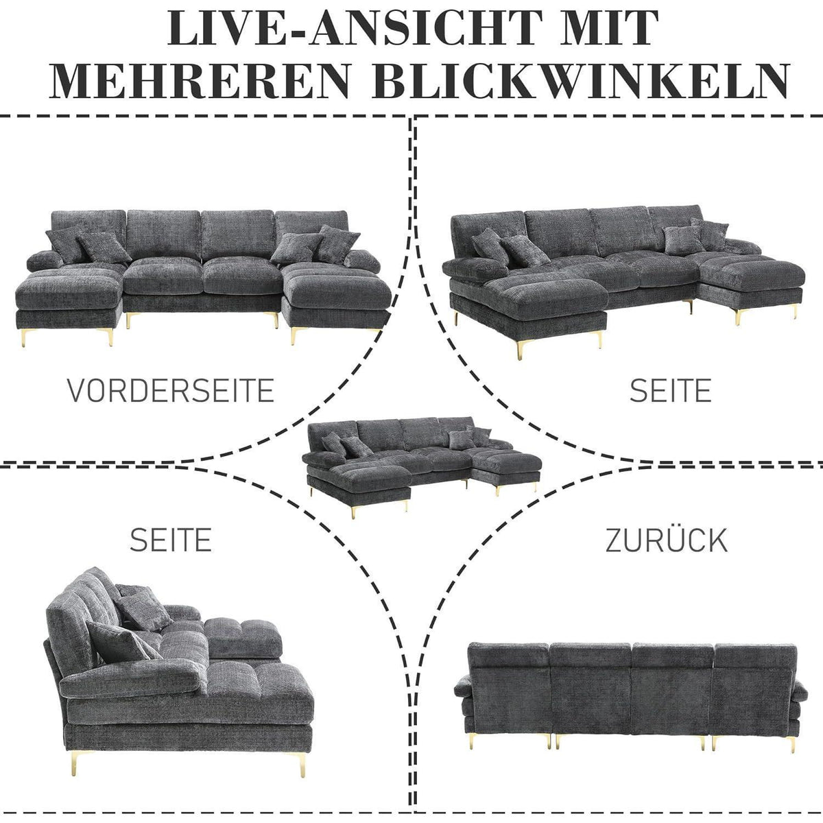 Modernes Ecksofa U-Form mit Liegepositionen & Chenille-Stoff (Grau)
