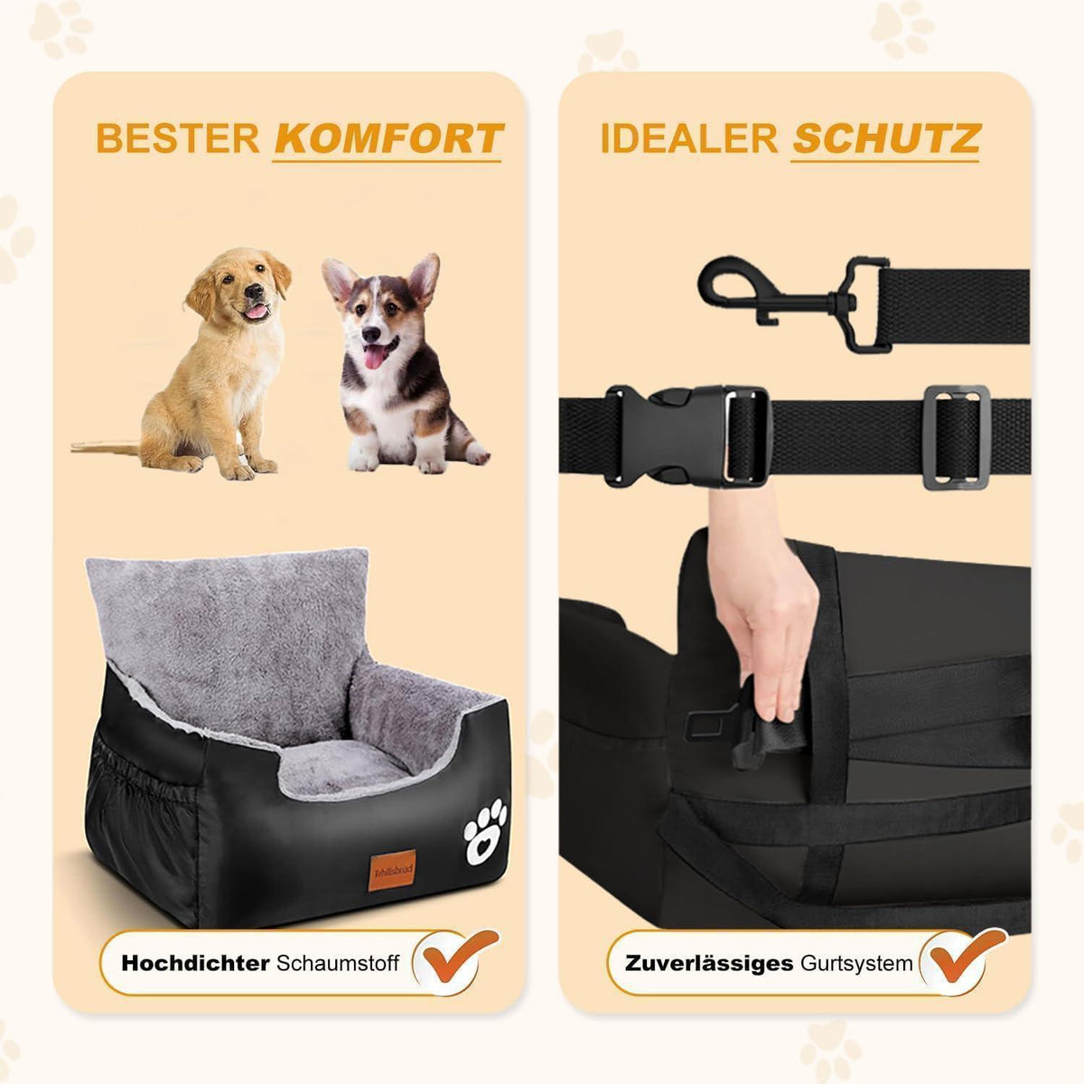 Hunde Autositz mit Sicherheitsleinen & Waschbarem Bezug