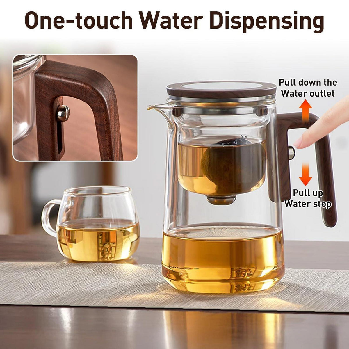 Glas Teekanne mit Sieb & Holzoptik Griff (800ml)