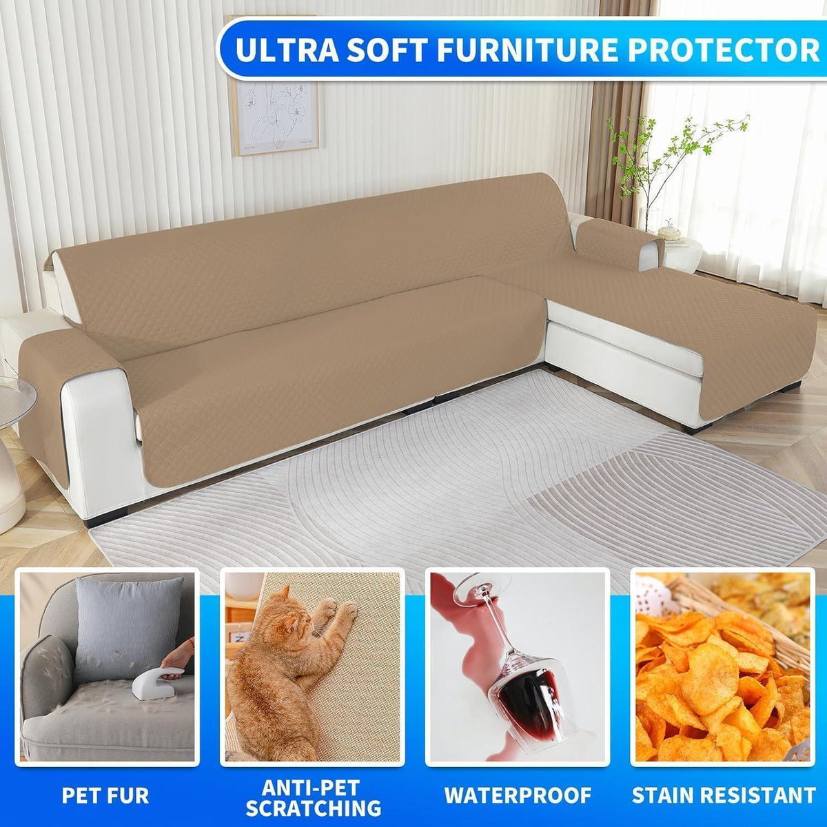 Wasserdichter Sofabezug L-Form 4 Sitzer, Ecksofa Bezug für Hunde & Katze