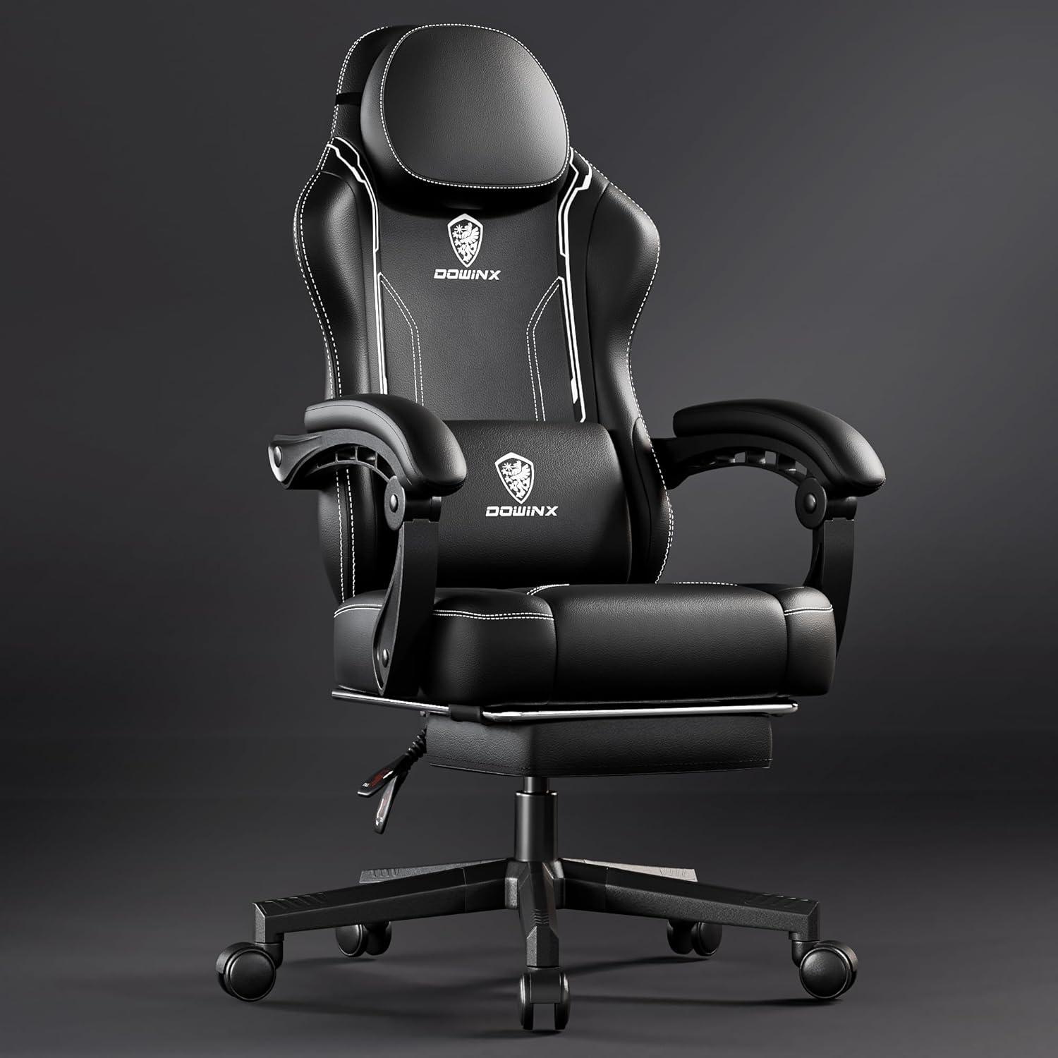 Gaming Stuhl mit Lendenwirbelstütze und Fußstütze, Schwarz