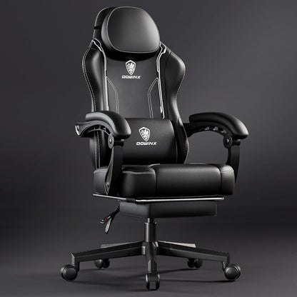 Gaming Stuhl mit Lendenwirbelstütze und Fußstütze, Schwarz