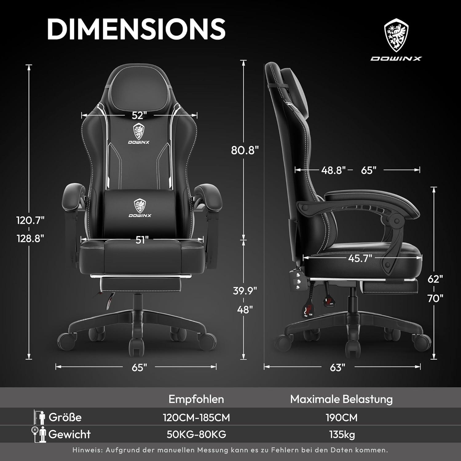 Gaming Stuhl mit Lendenwirbelstütze und Fußstütze, Schwarz