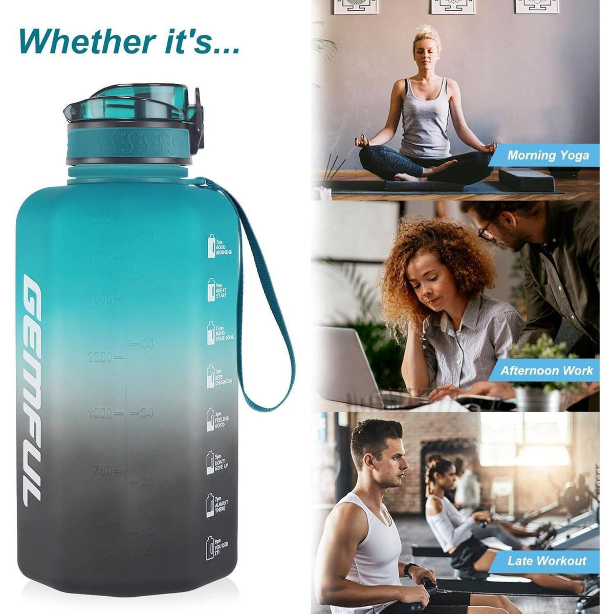 2.2L Trinkflasche mit Zeitmarkierung & Griff - Grün/Schwarz