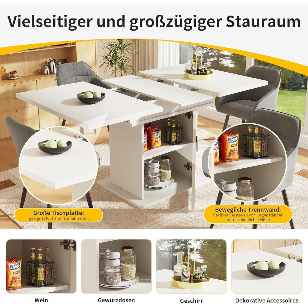 Ausziehbarer Esstisch mit Ablage & Regenbogenglas – 140x80 cm