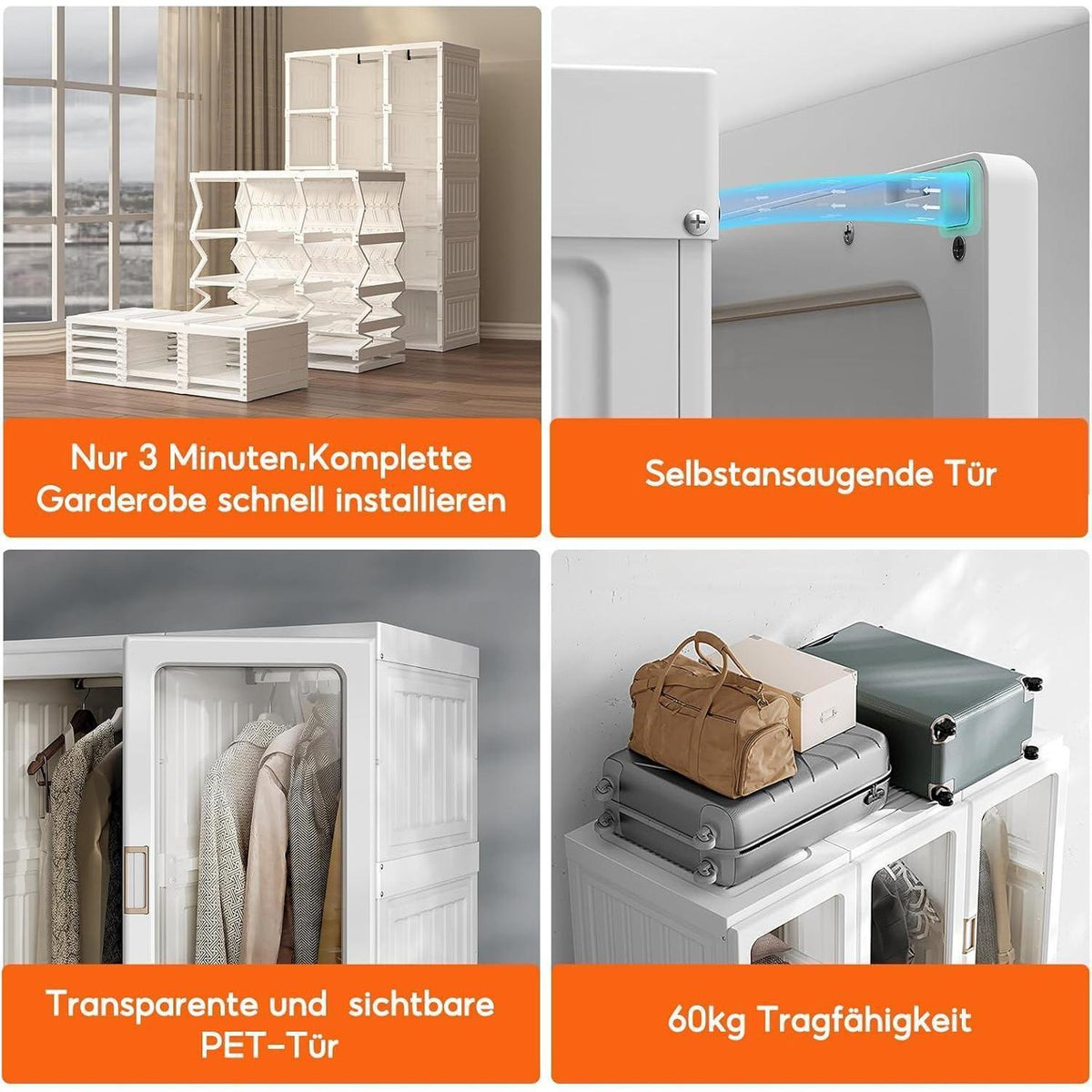 Zusammenklappbarer Kleiderschrank mit Kleiderstange & Magnettüren