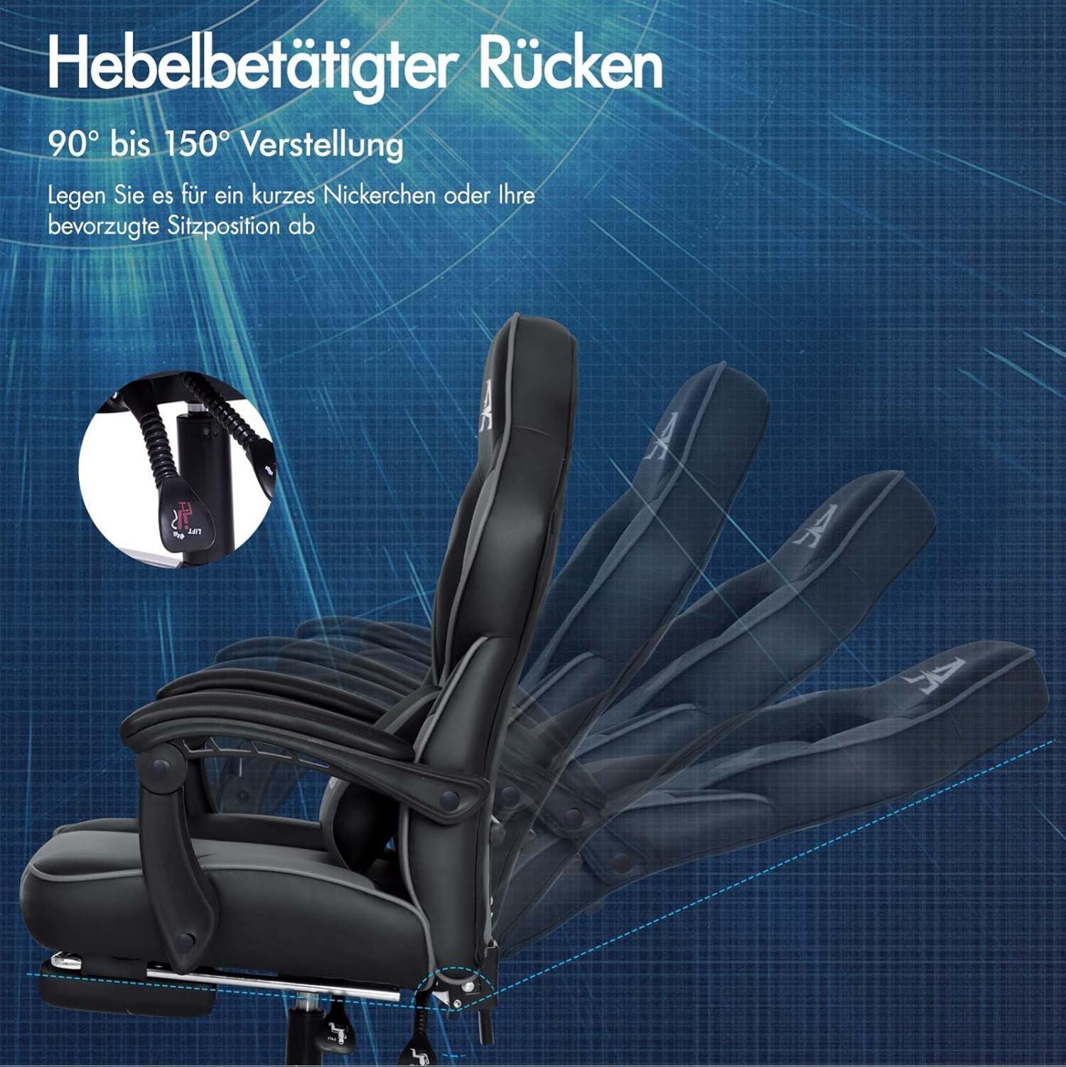 Gaming Stuhl Racing Stuhl Executive Sport Gordon Bürostuhl mit Fußstütze PU Leder Armlehne - Steingrau
