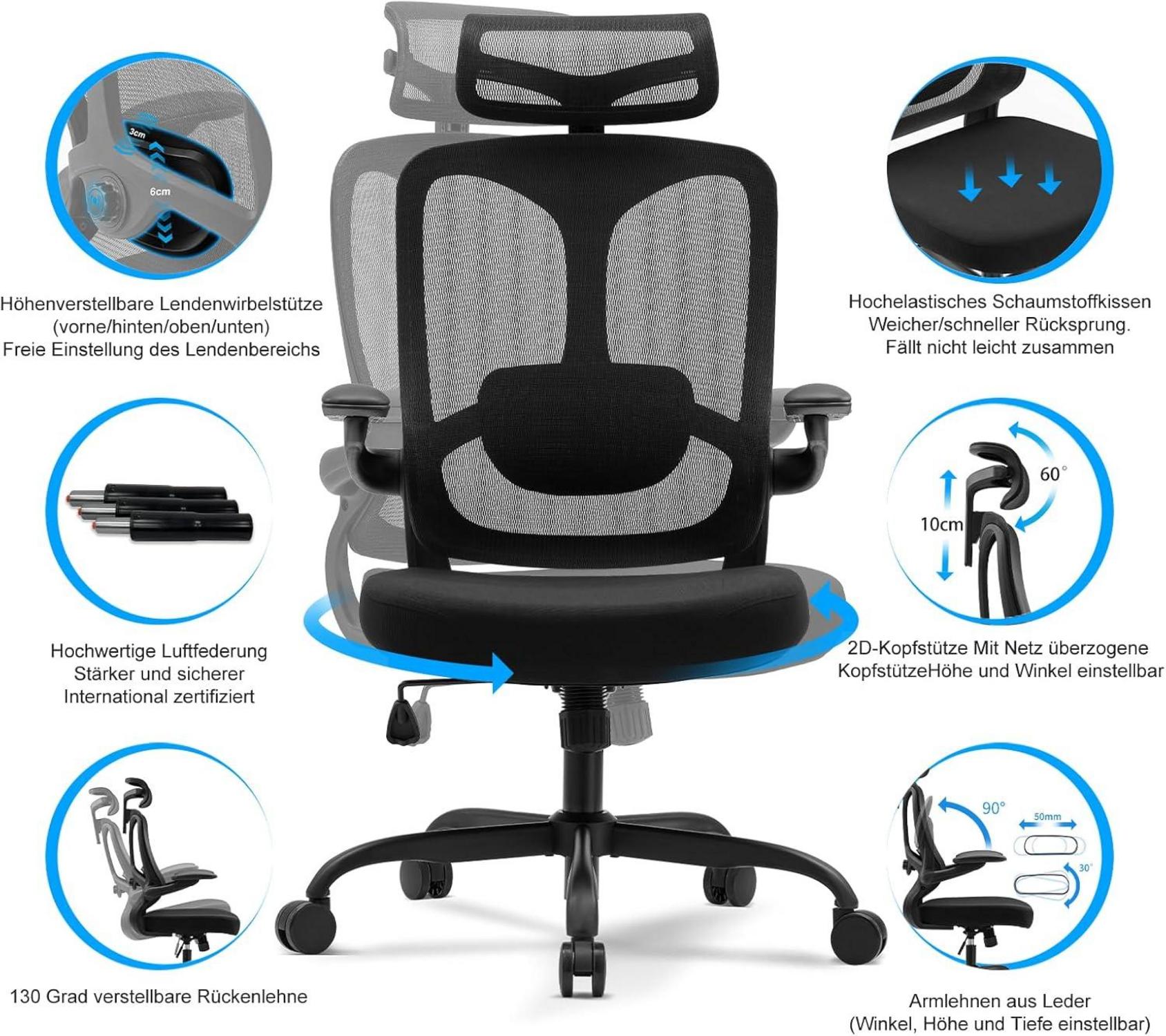 Ergonomischer Bürostuhl mit hoher Rückenlehne und verstellbarer Kopfstütze