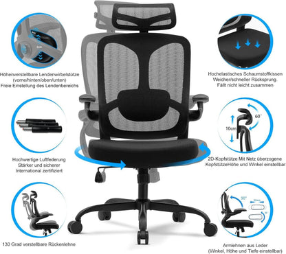 Ergonomischer Bürostuhl mit hoher Rückenlehne und verstellbarer Kopfstütze