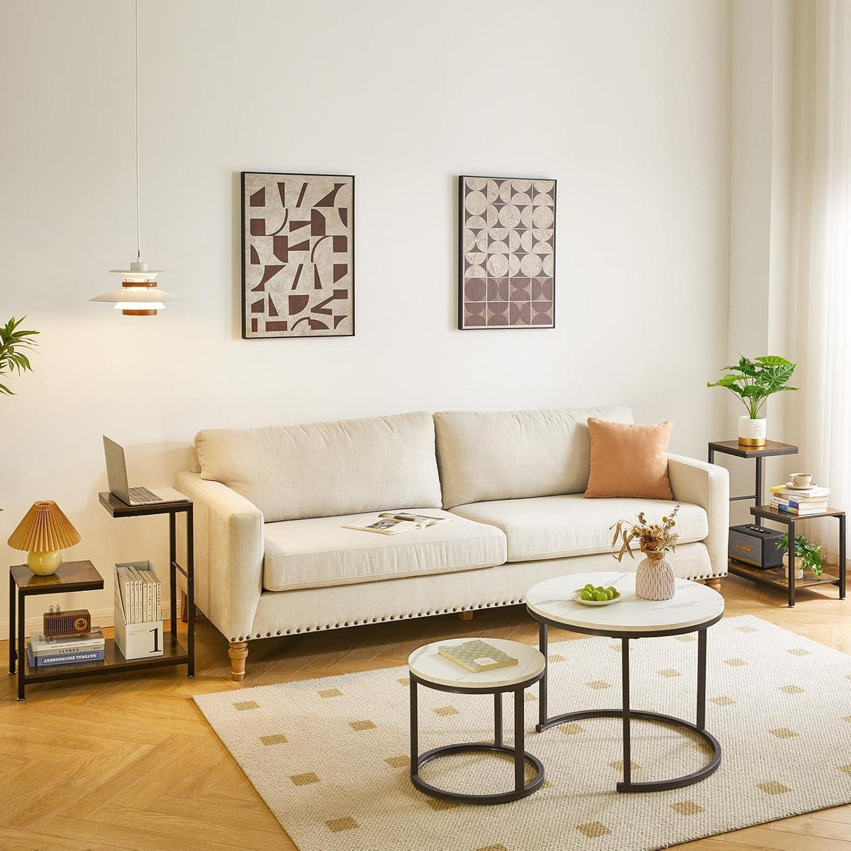 G-förmiger Beistelltisch mit Regalen – Rustikaler Couchtisch