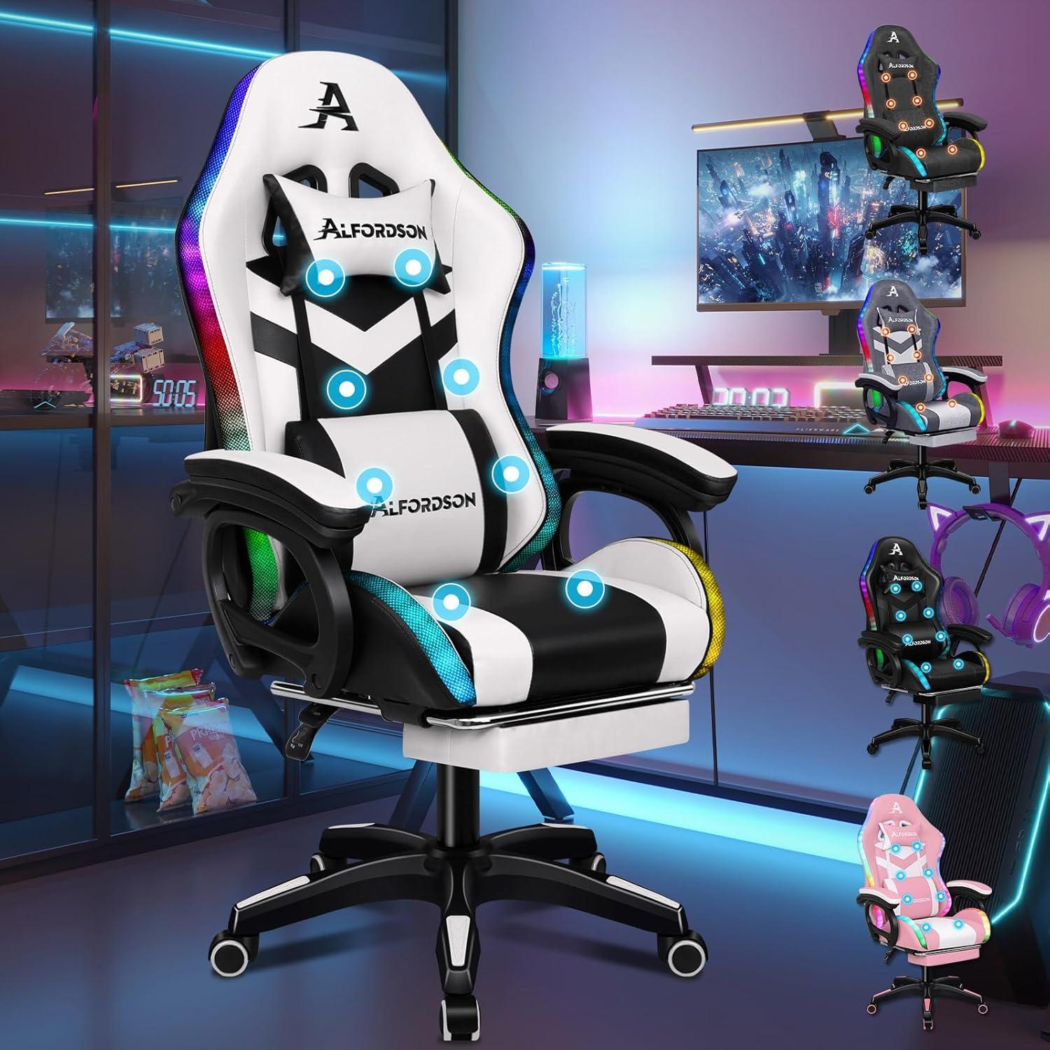 Gaming Stuhl mit Massage RGB LED-Licht, Bürostuhl Ergonomisch mit