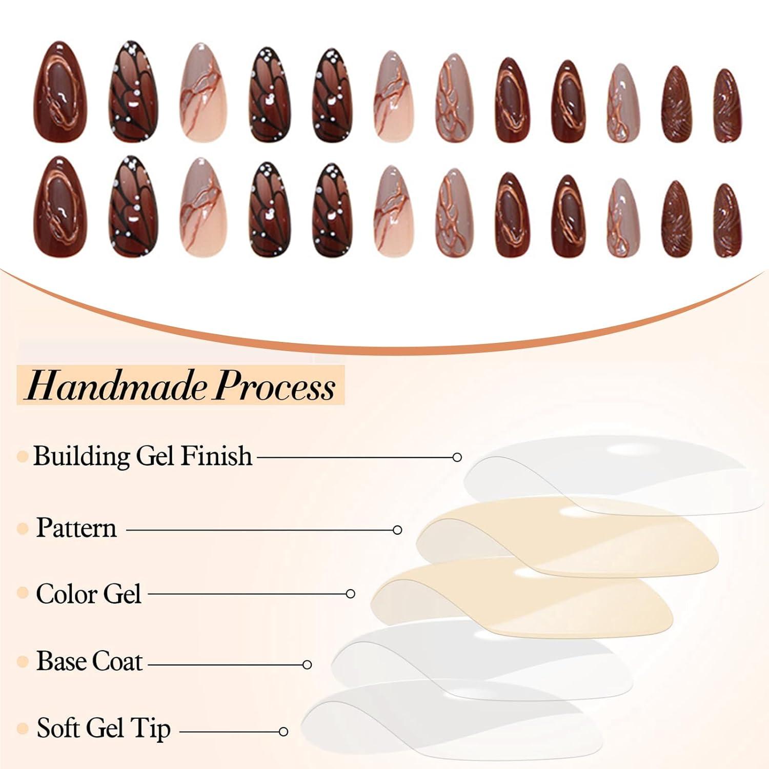 Herbst Almond Press-On Falsche Nägel Schmetterling Streifen 24 Stück