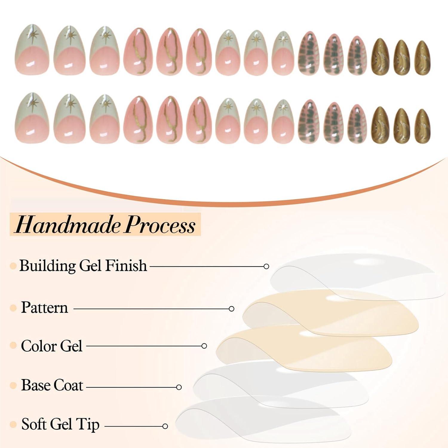 30 Stk. Hellgrüne French Tip Press on Nägel Mittel Almond Gold Nüdes Pink